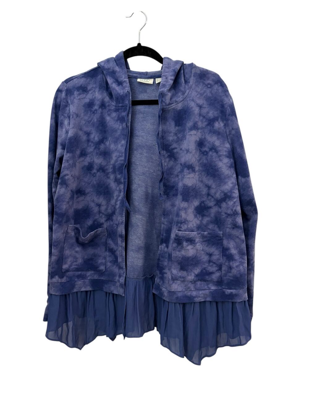 Logo by Lori Goldstein Open Front Top Cardigan Hooded Light Flowy Purple Ruffle